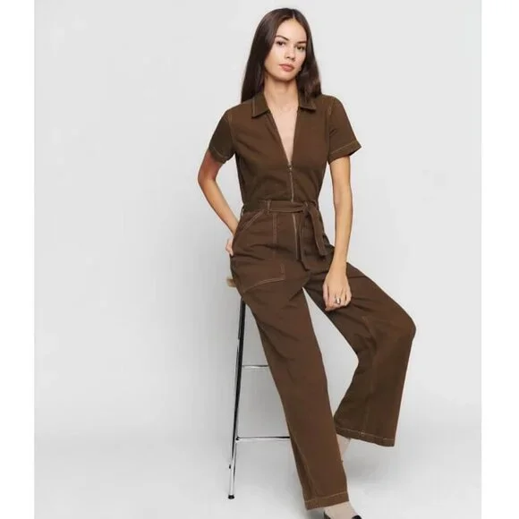 Reformation Jeans Cassidy Chocolate Brown Denim Jumpsuit - Picture 3 of 12